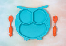 Load image into Gallery viewer, Steti Baby Toddler Self-Feeding Suction Plate – Divided Food-Grade Silicone Suction Plate for Weaning Babies, BPA-Free, Microwave, Dishwasher & Oven Safe – Infant Feeding Bowl Set-Owl with Squirrel Fork, Spoon
