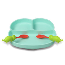 Load image into Gallery viewer, Steti Baby Toddler Self-Feeding Suction Plate – Divided Food-Grade Silicone Suction Plate for Weaning Babies, BPA-Free, Microwave, Dishwasher & Oven Safe – Infant Feeding Bowl Set-Monkey Plate & Lizard Fork, Spoon