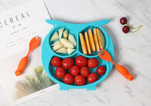 Load image into Gallery viewer, Steti Baby Toddler Self-Feeding Suction Plate – Divided Food-Grade Silicone Suction Plate for Weaning Babies, BPA-Free, Microwave, Dishwasher & Oven Safe – Infant Feeding Bowl Set-Owl with Squirrel Fork, Spoon