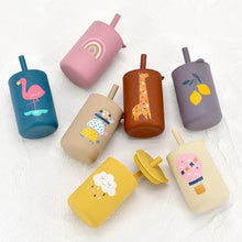 Load image into Gallery viewer, Silicone Food Grade Cup with Straw and Interesting, Eye-Catching pattens, Air Tight, Various Colors, Suitable for Kids 6 Months Up