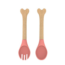 Load image into Gallery viewer, Steti Baby Soft Silicone &amp; Natural wood Baby Utensils, Cute Bone Shape Fork Spoon, Easy to Grip, Lovely Patented Design
