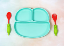 Load image into Gallery viewer, Steti Baby Toddler Self-Feeding Suction Plate – Divided Food-Grade Silicone Suction Plate for Weaning Babies, BPA-Free, Microwave, Dishwasher &amp; Oven Safe – Infant Feeding Bowl Set-Monkey Plate &amp; Lizard Fork, Spoon
