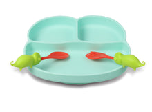 Load image into Gallery viewer, Steti Baby Toddler Self-Feeding Suction Plate – Divided Food-Grade Silicone Suction Plate for Weaning Babies, BPA-Free, Microwave, Dishwasher &amp; Oven Safe – Infant Feeding Bowl Set-Monkey Plate &amp; Lizard Fork, Spoon
