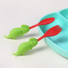 Load image into Gallery viewer, Steti Baby Soft Silicone Baby Utensils, Cute Lizard Fork Spoon Made of Food Grade Material, Easy to Grip, Lovely Patented Design
