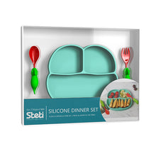 Load image into Gallery viewer, Steti Baby Toddler Self-Feeding Suction Plate – Divided Food-Grade Silicone Suction Plate for Weaning Babies, BPA-Free, Microwave, Dishwasher &amp; Oven Safe – Infant Feeding Bowl Set-Monkey Plate &amp; Lizard Fork, Spoon
