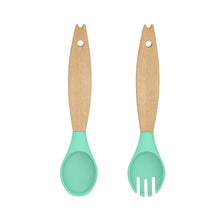 Load image into Gallery viewer, Steti Baby Soft Silicone &amp; Natural wood Baby Utensils, Cute Giraffe Shape Fork Spoon, Easy to Grip, Lovely Patented Design

