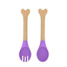 Load image into Gallery viewer, Steti Baby Soft Silicone &amp; Natural wood Baby Utensils, Cute Bone Shape Fork Spoon, Easy to Grip, Lovely Patented Design
