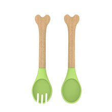Load image into Gallery viewer, Steti Baby Soft Silicone &amp; Natural wood Baby Utensils, Cute Bone Shape Fork Spoon, Easy to Grip, Lovely Patented Design
