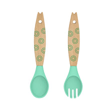 Load image into Gallery viewer, Steti Baby Soft Silicone &amp; Natural wood Baby Utensils, Cute Giraffe Shape Fork Spoon, Easy to Grip, Lovely Patented Design
