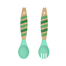 Load image into Gallery viewer, Steti Baby Soft Silicone &amp; Natural wood Baby Utensils, Cute Giraffe Shape Fork Spoon, Easy to Grip, Lovely Patented Design
